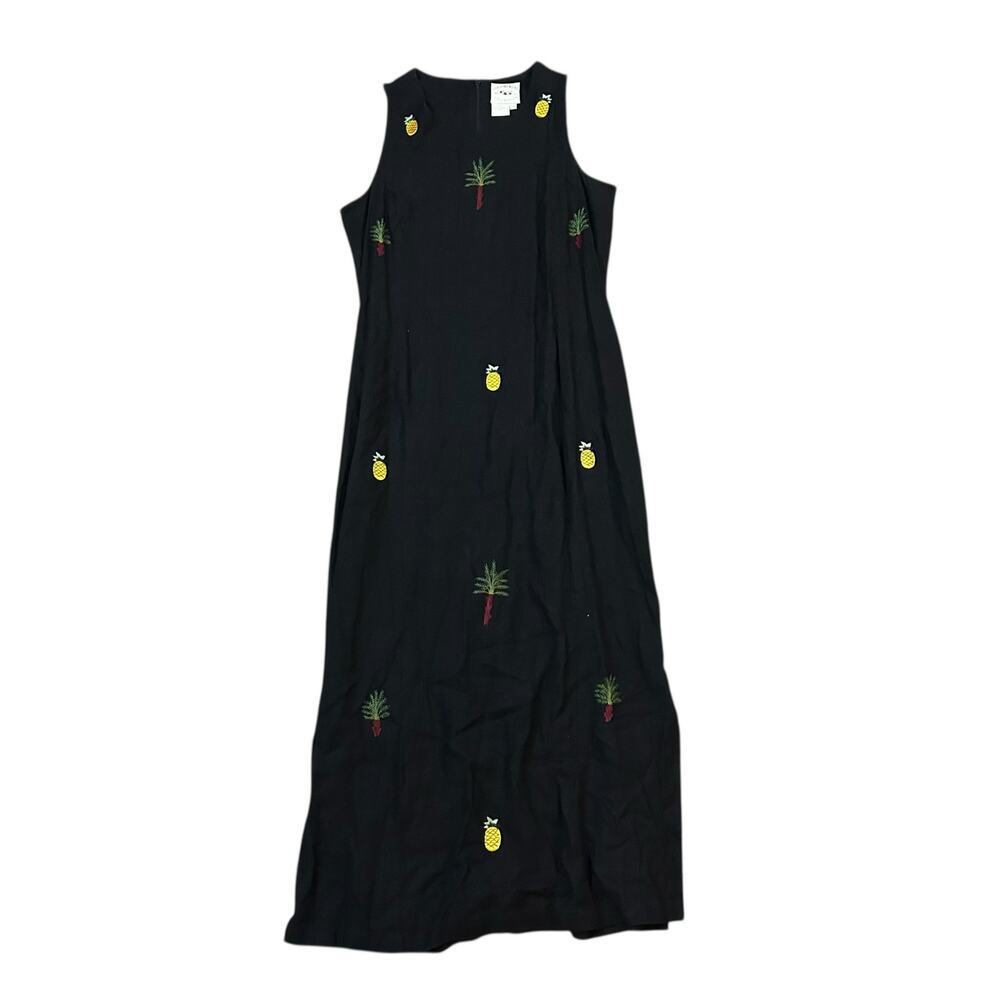 Vtg Linen Blend Maxi Dress Womens Small Pineapple Tropical Black Yellow Beach
